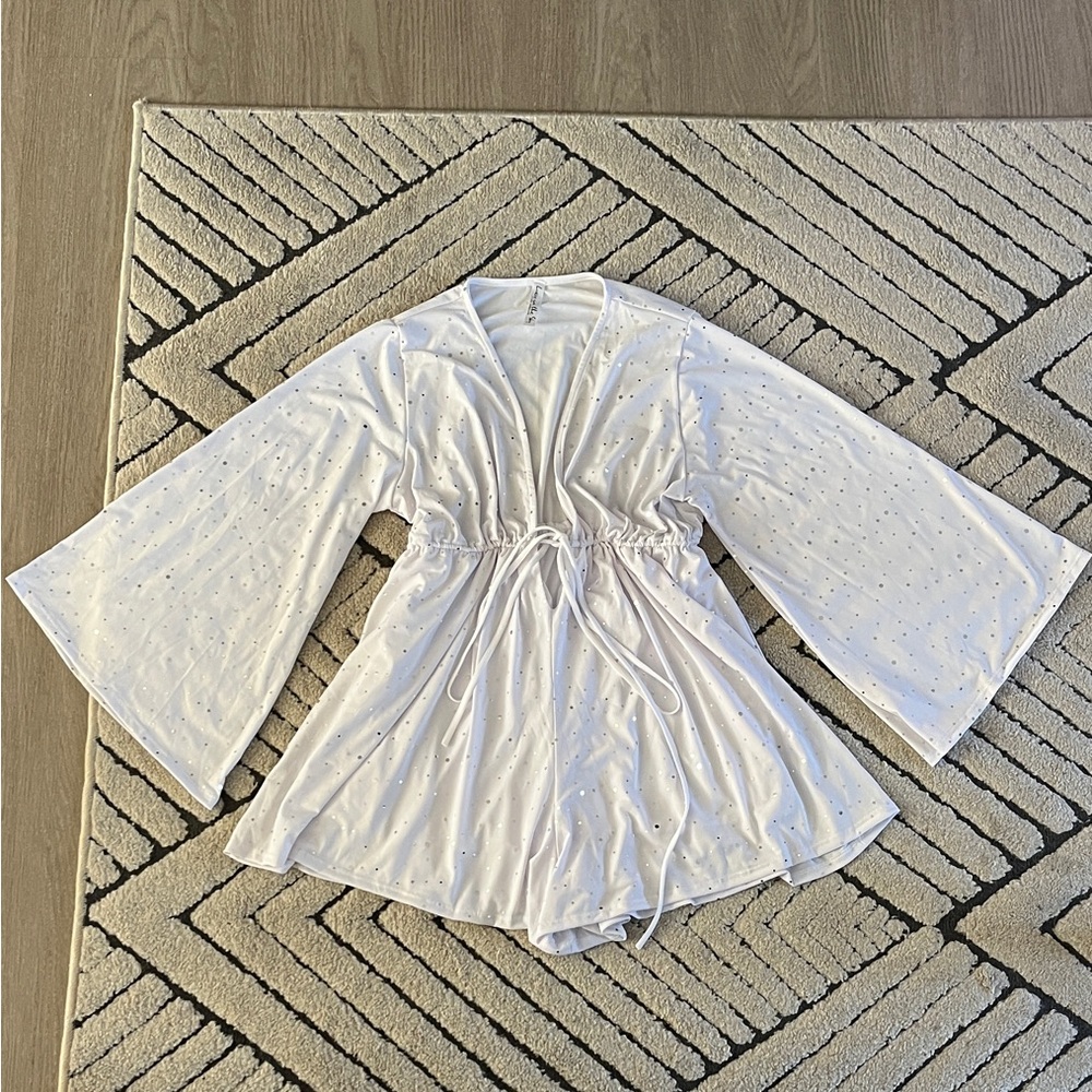 Lucy in the Sky Bell Sleeve Romper in White and Silver